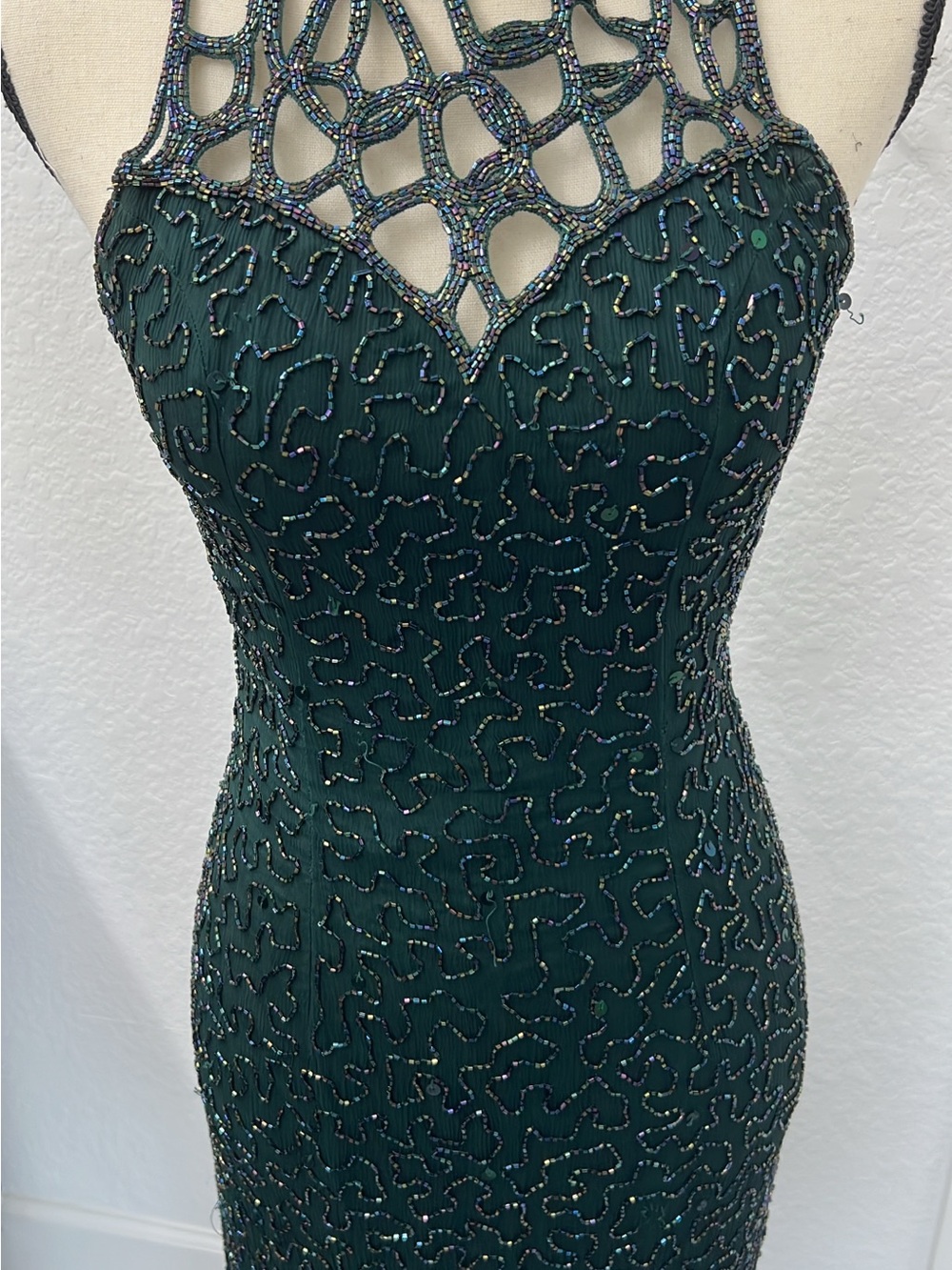 Vintage Made In India Silk Beaded Emerald Green Backless Evening Dress
